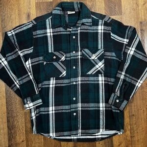 Vtg Five Brothers Plaid Flannel Mens Medium Cotton Button Front Shirt Green Blue